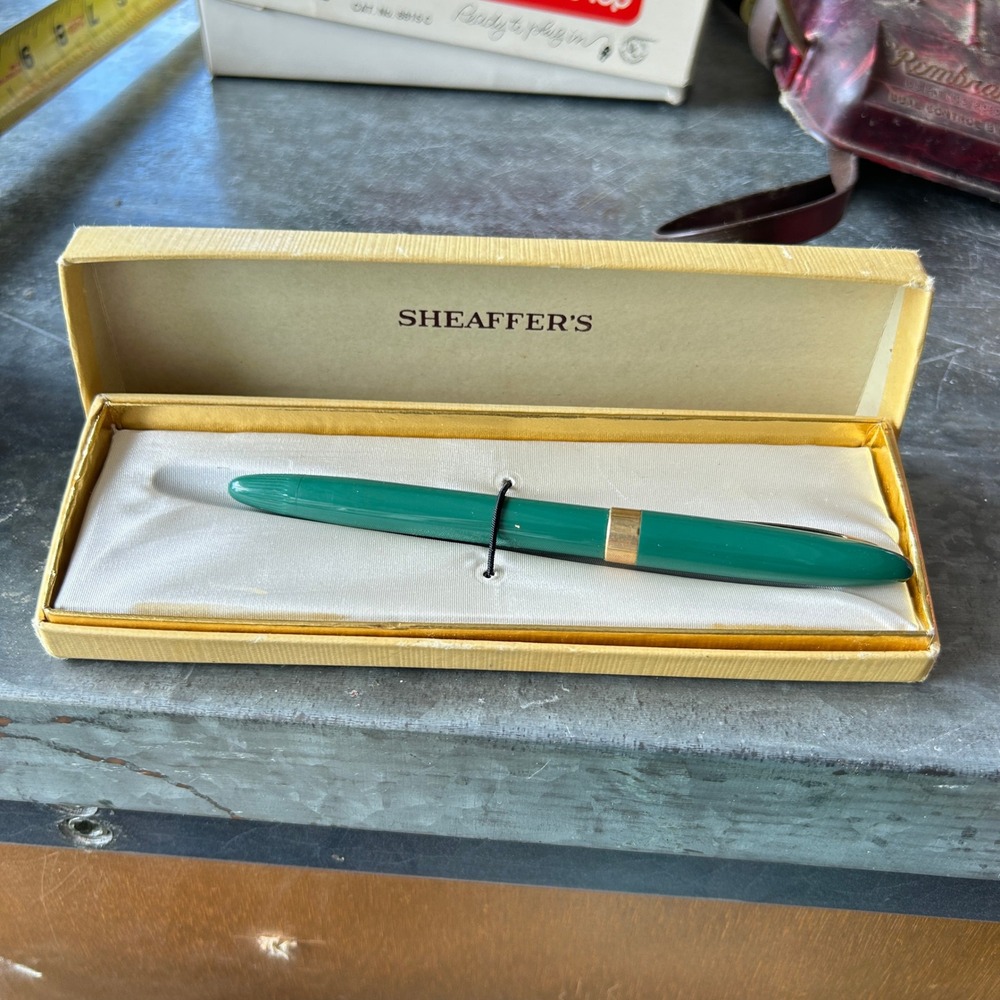 VTG Sheaffer Lever Fill Fountain Pen Green 14K Gold Nib Original Box Untested‎